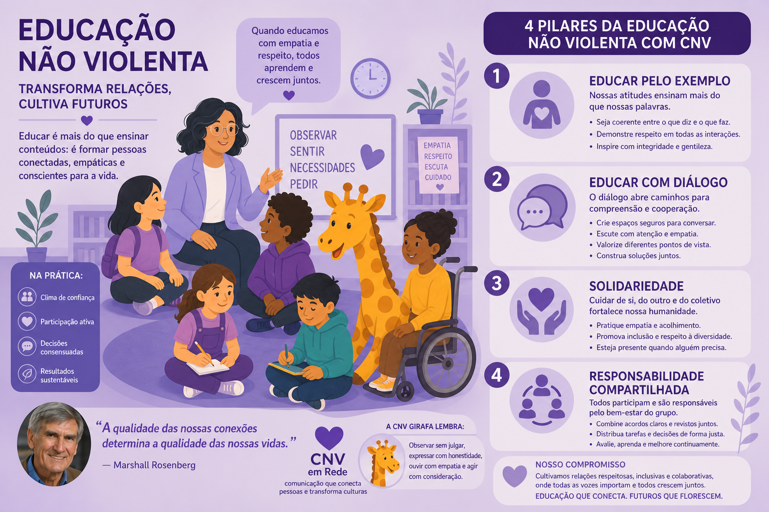 Infográfico dos 4 eixos da educação não violenta — CNV de Marshall Rosenberg