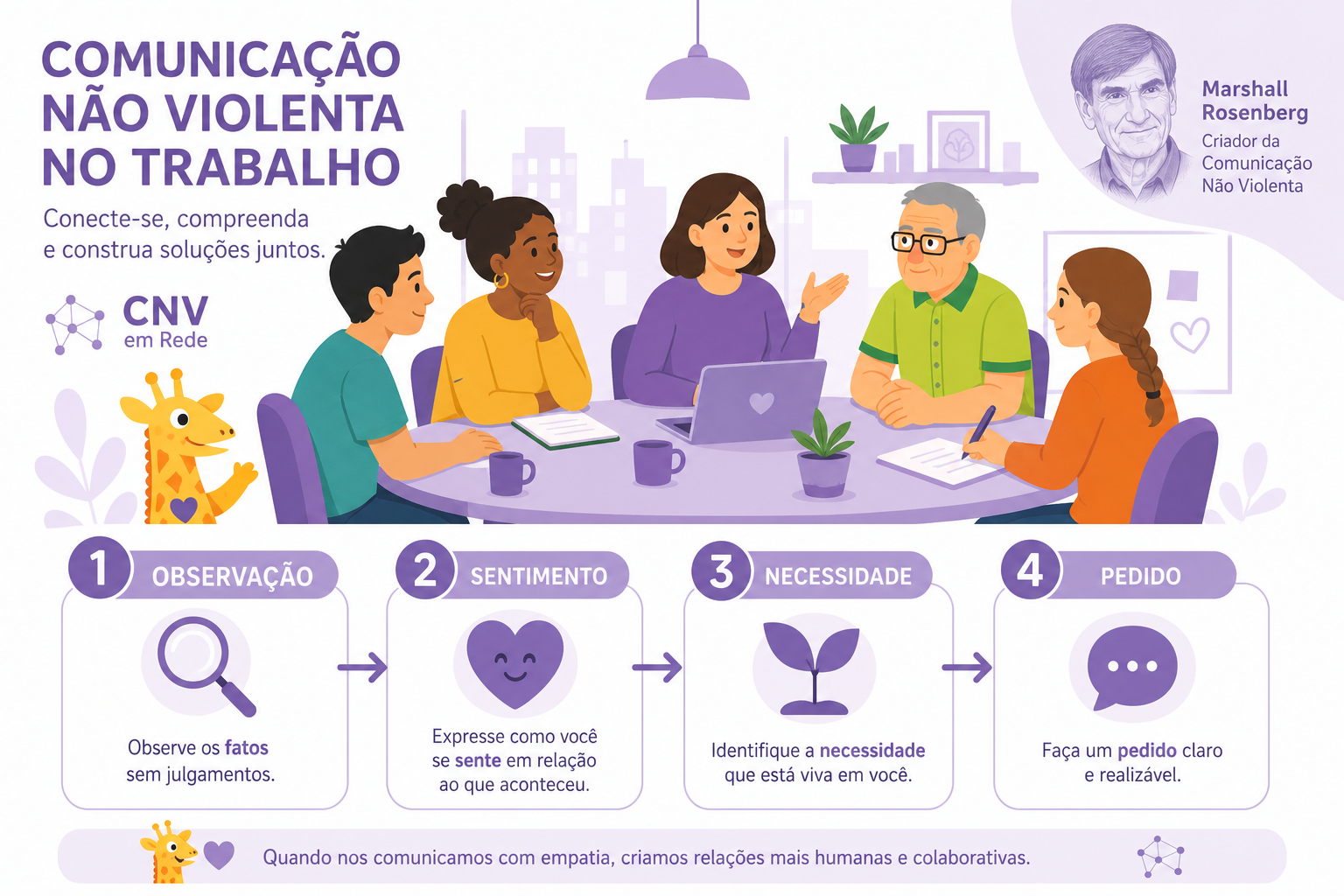 Infográfico dos 4 passos da CNV de Marshall Rosenberg no ambiente de trabalho