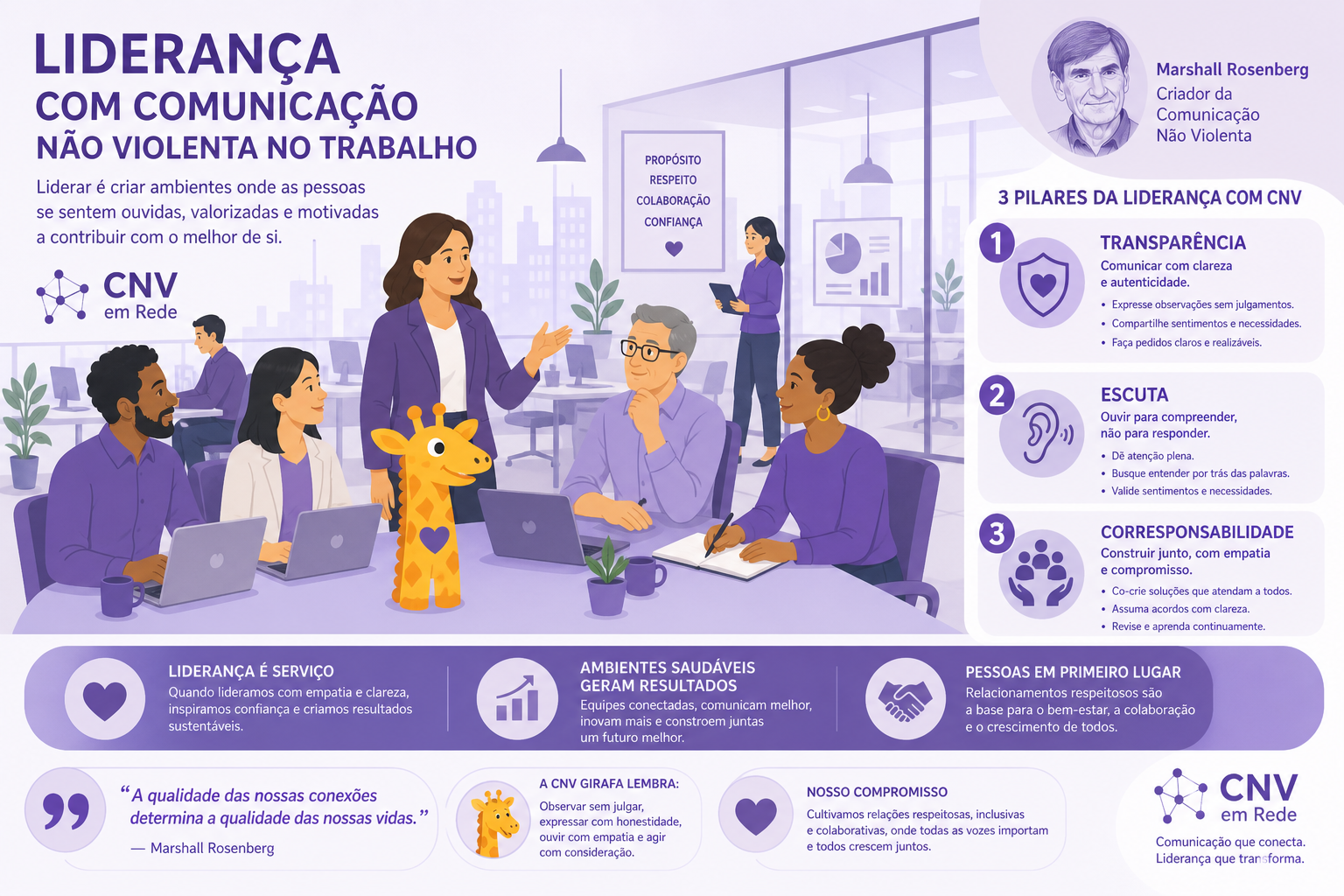 Infográfico de liderança com CNV de Marshall Rosenberg — transparência, escuta e corresponsabilidade