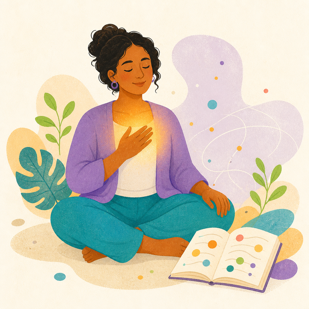 Ilustração: pessoa em momento de autoempatia, com mão sobre o coração
