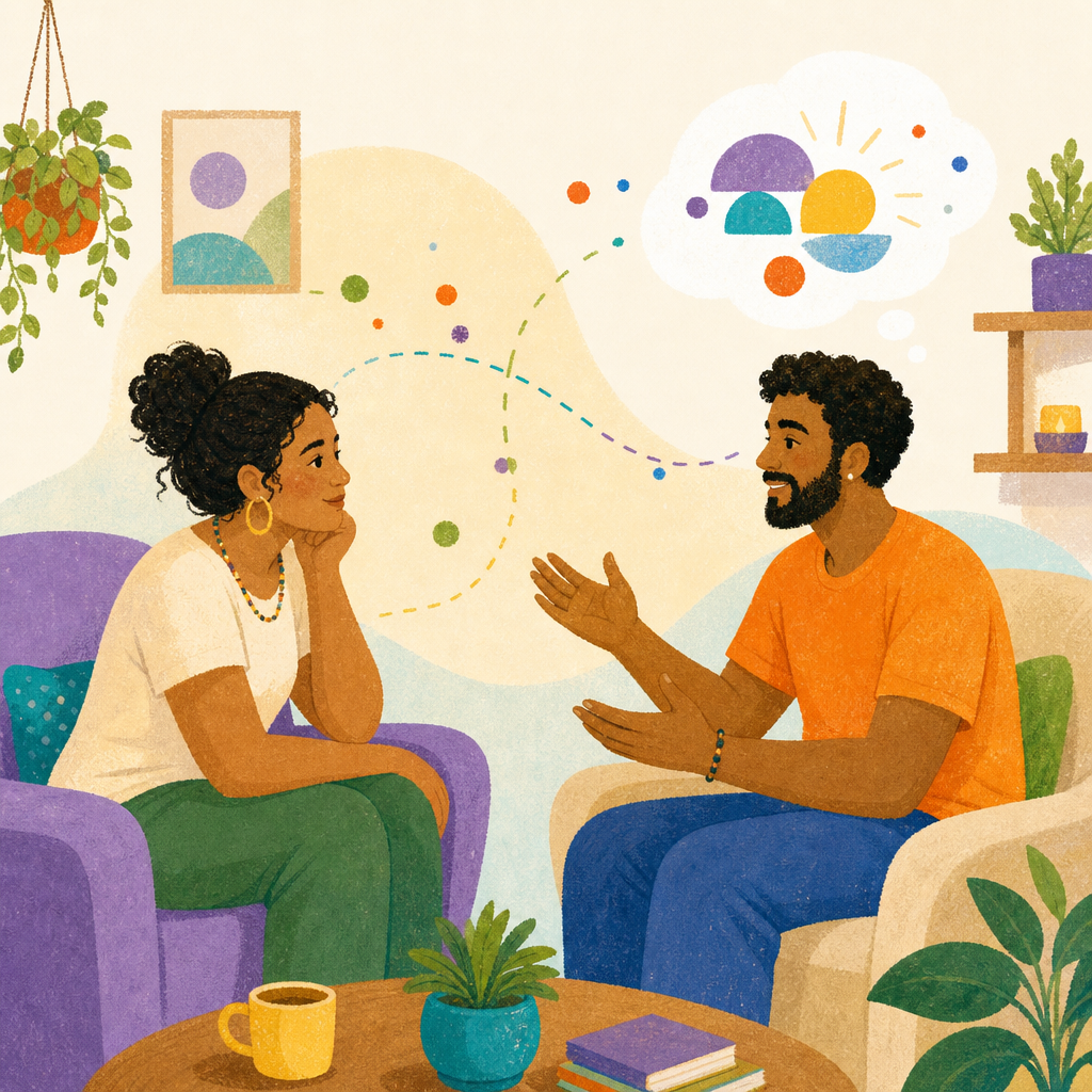 Ilustração: duas pessoas em conversa empática