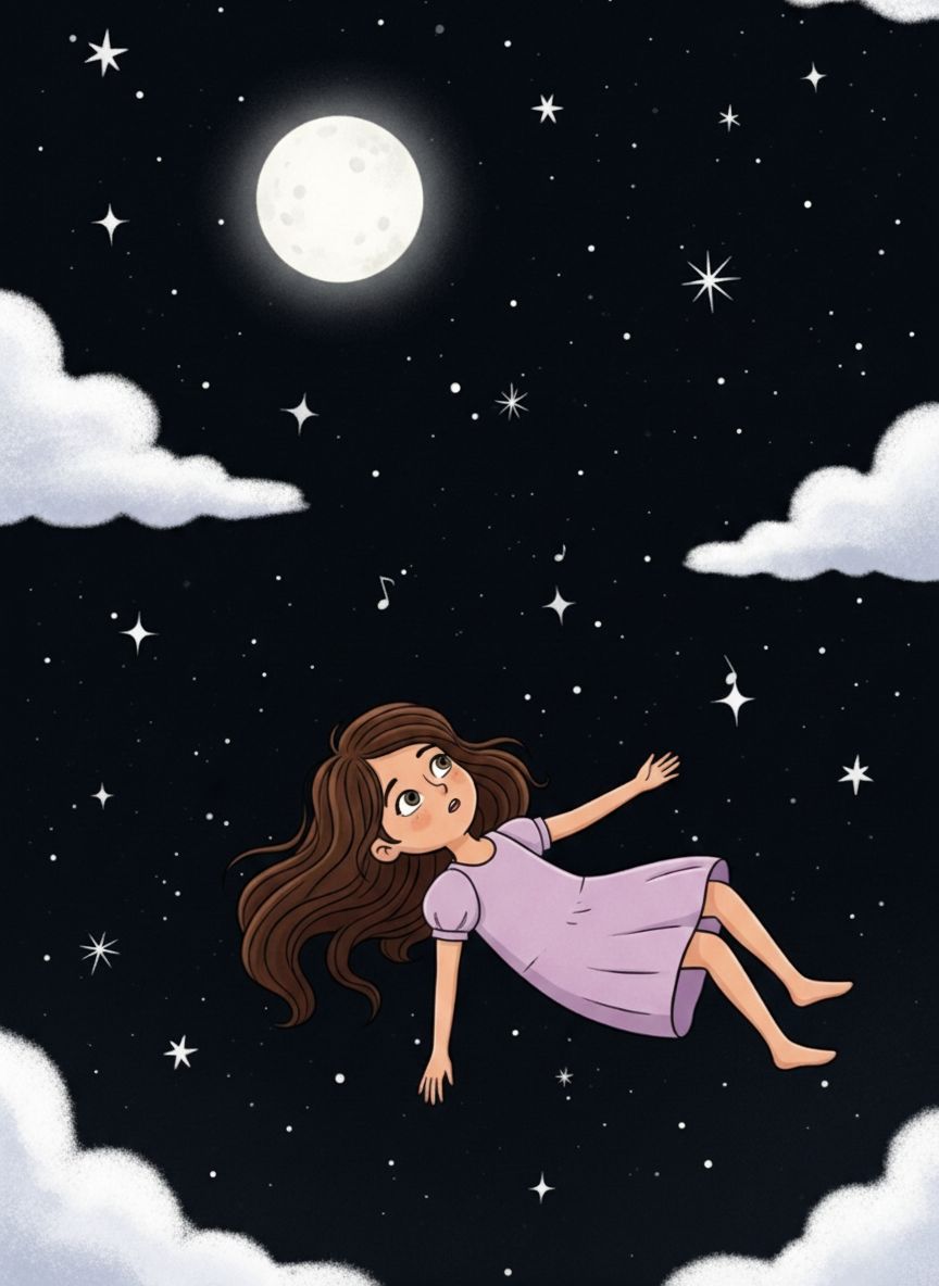 Ilustração do livro: Beatriz flutuando entre estrelas em um sonho lúcido