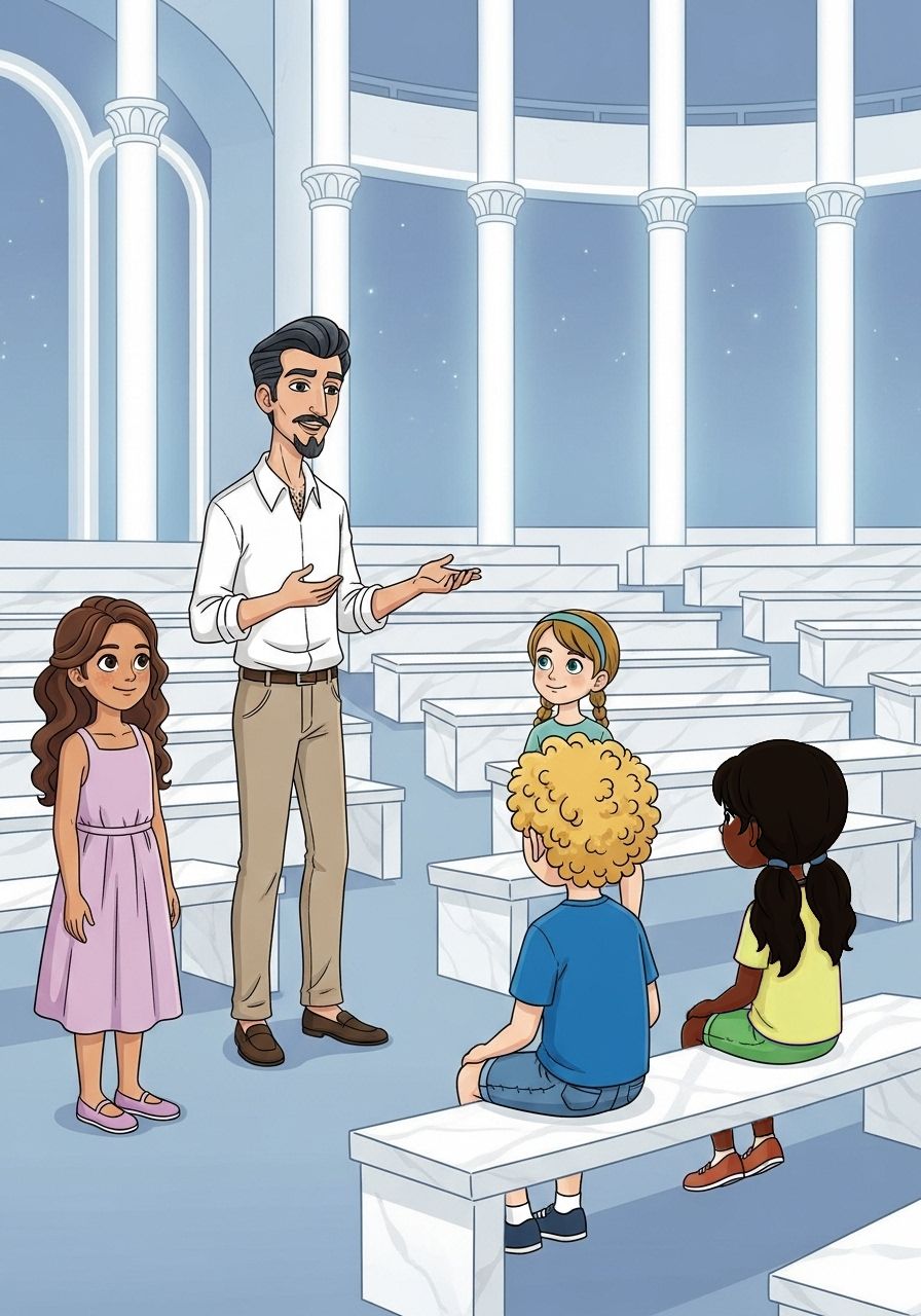 Ilustração do livro: Beatriz e outros personagens em um templo de aprendizado