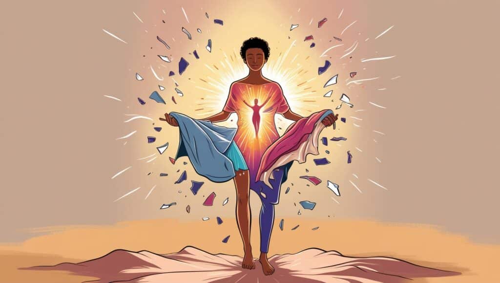 Mulher negra, com uma veste externa se desfazendo em fragmentos, revelando uma figura interna radiante com luzes e cores vibrantes que simbolizam suas experiências autênticas. O fundo deve ser simples, com cores quentes e suaves, para destacar a transformação e a libertação da figura. A imagem deve evocar sentimentos de esperança, autenticidade e autoaceitação, mostrando a beleza da verdadeira autoexpressão.